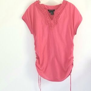 Etcetera red-orange silk blend top ruching